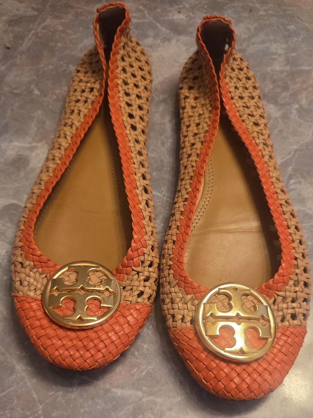 Tory Burch Orange and Tan Woven Leather Ballet Flats
